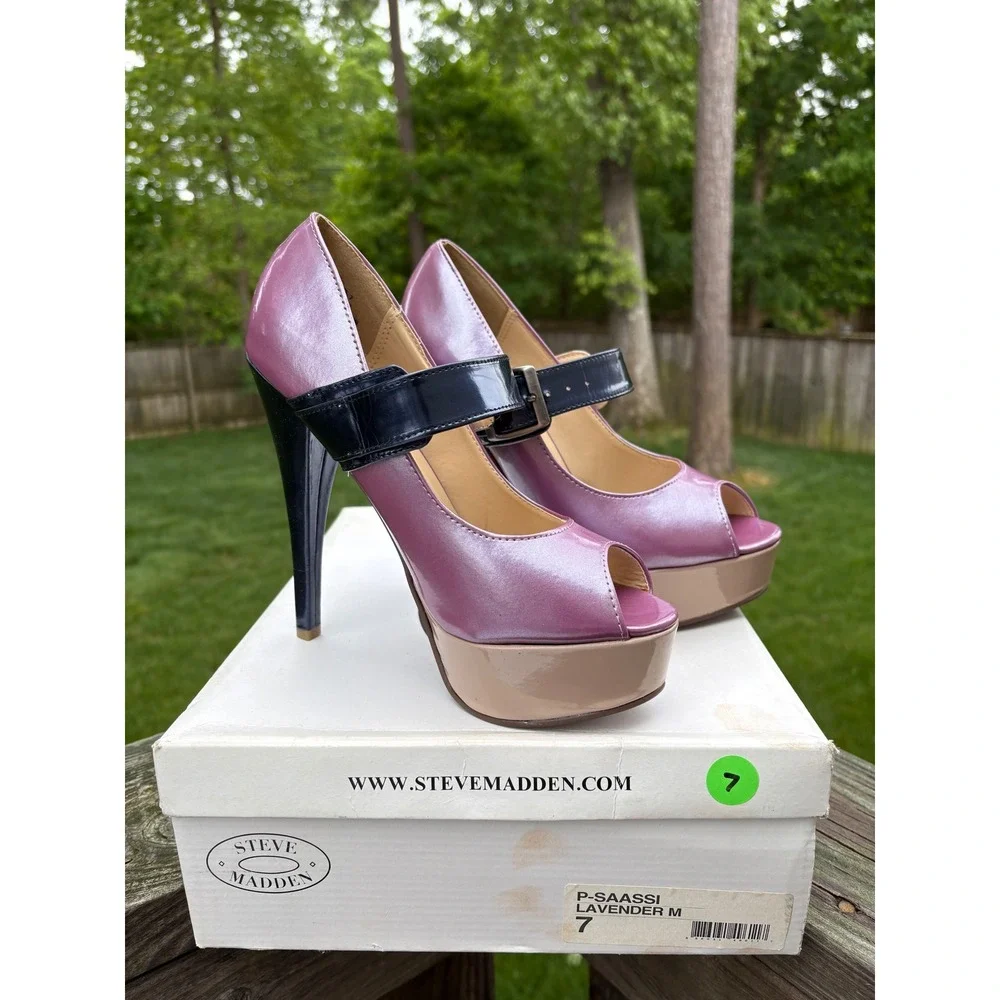 Steve Madden Saassi Lavender Metallic Peep Toe Platform Mary Jane Heels Navy 7